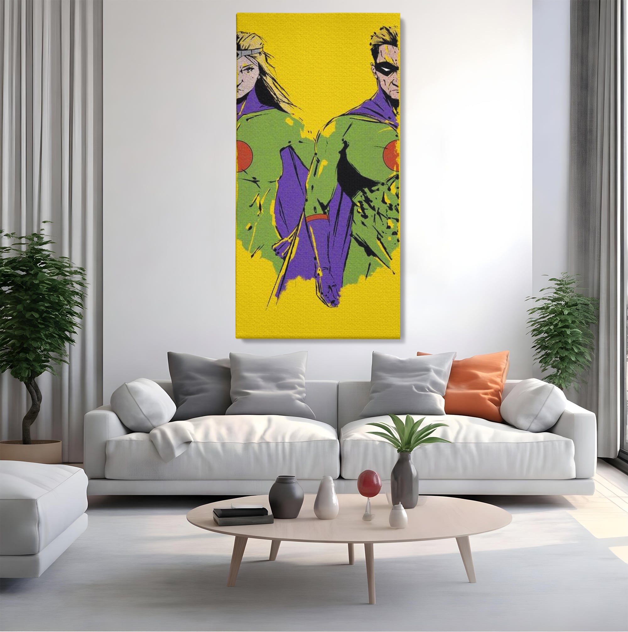 Tablou canvas cu tablou canvas cu doi supereroi pe fundal galben, fara rama, pe sasiu de lemn, pe perete intr-un living
